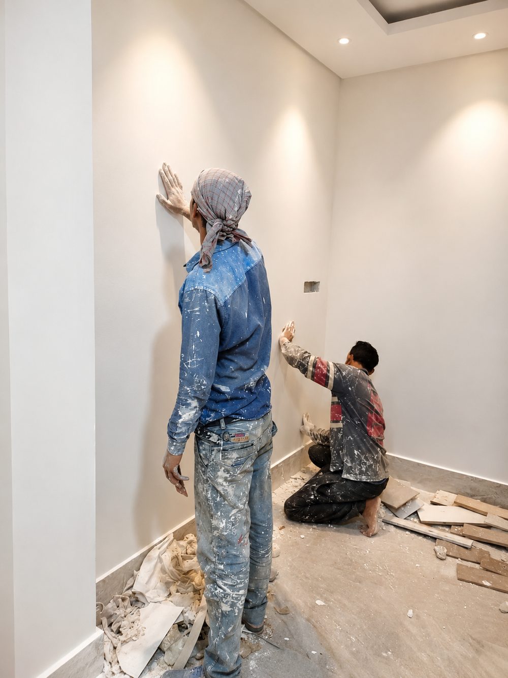 Operarios haciendo terminaciones de paredes
