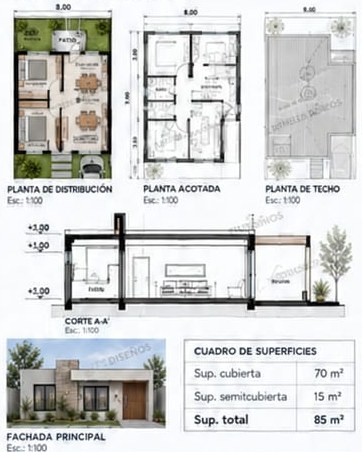 Ejemplo de planta, corte, planta de techo, fachada y cuadro de superficies