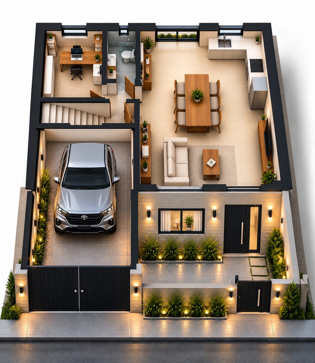 Planta 3D de una vivienda con garage, living y cocina
